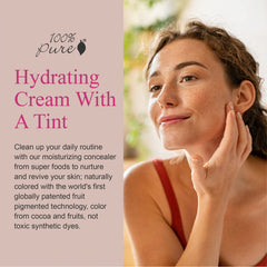 100% PURE white-peach swatch on hand indicating light-to-medium coverage