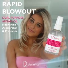 12 Benefits Rapid Blowout heat protectant shield guards hair during blow-drying.