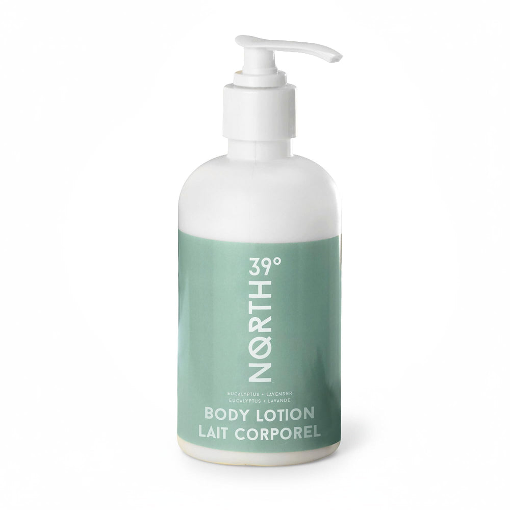 39° North body lotion bottle with eucalyptus and lavender for daily moisture.