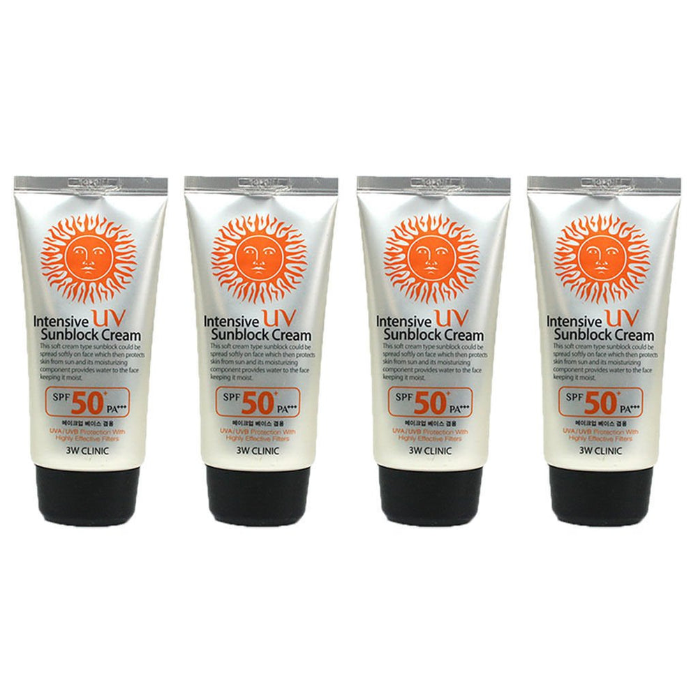 3W Clinic Intensive UV Sunscreen Cream 4-pack tube provides outdoor protection.