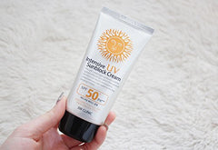 Applying 3W Clinic sunscreen on the face demonstrates makeup base use.