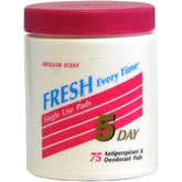 5-day anti-perspirant pads regular scent box front, discreet daily protection