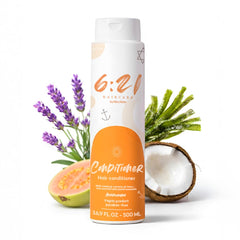 621 Haircare coconut oil conditioner bottle, hydrating formula for smoother, frizz-free hair.