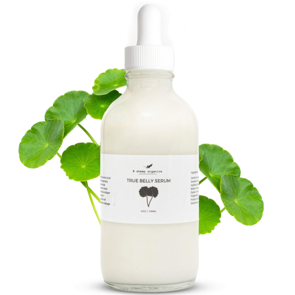 Sérum ventre 8 Sheep Organics en bouteille, hydratation profonde pour l’élasticité.
