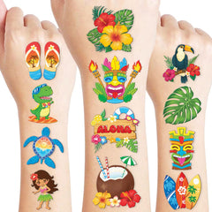 91TATTOOS Hawaiian Luau sheet shows hibiscus designs for kid-friendly party favors.