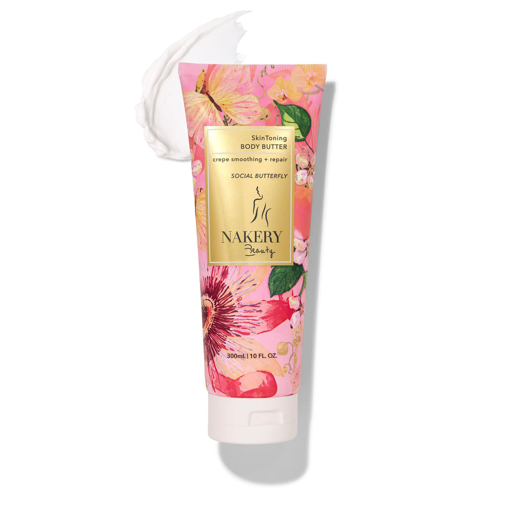 Nakery body butter anti-aging cream packaging promotes firmer, smoother skin.
