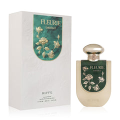 A CENTER Riiffs Fleurie Emerald bottle front view highlights gourmand allure and lasting presence.