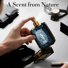 Glass SWAR SEDUIRE bottle on wood surface exudes luxe masculine style.
