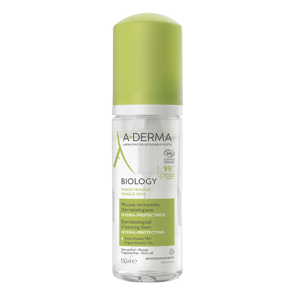A-Derma Biology Mousse 150ml packaging view highlights a gentle cleanse for sensitive skin.
