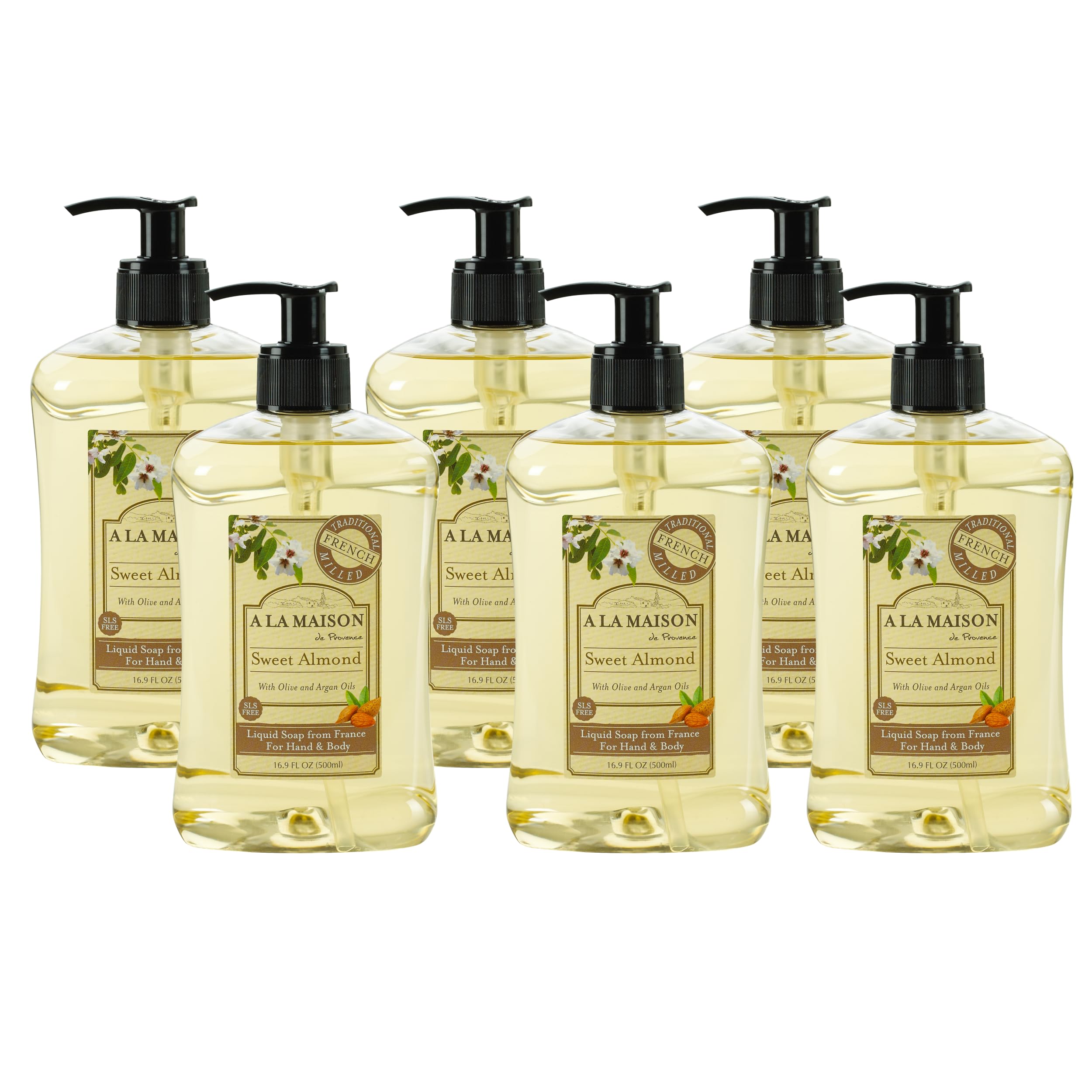 A LA MAISON Almond hand soap bottle delivering gentle cleansing and skin-softening lather.