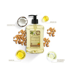 A LA MAISON Almond hand soap closeup highlighting natural glycerin and rich lather.