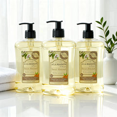 A LA MAISON Almond hand soap packaging showing eco-friendly, recyclable bottle.