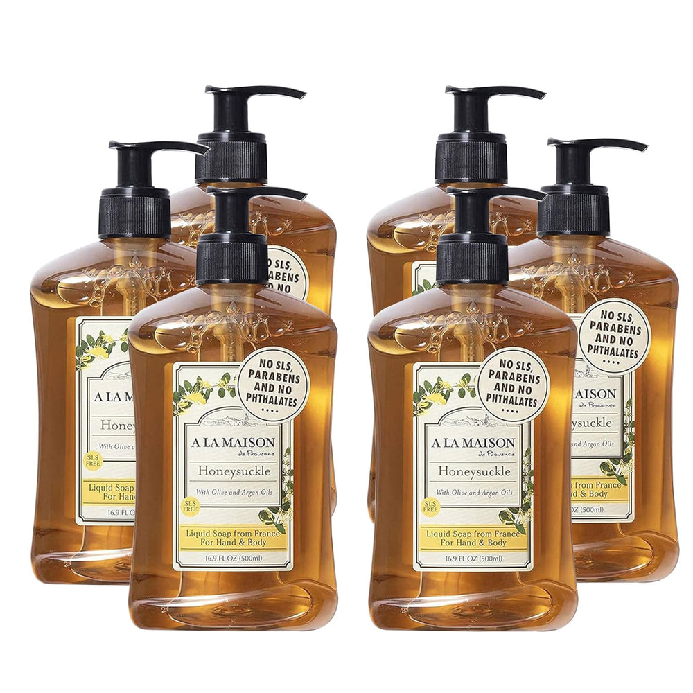 A LA MAISON Honeysuckle hand soap bottle with soothing, non-drying lather.
