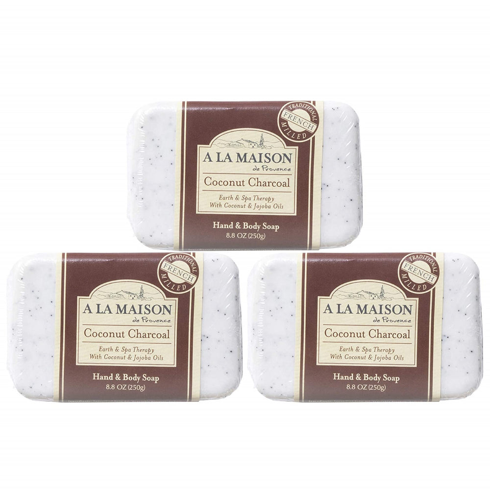 A LA MAISON Coconut Charcoal Bar Soap pack shows sustainable packaging and long-lasting bars.