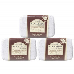A LA MAISON Coconut Charcoal Bar Soap pack shows sustainable packaging and long-lasting bars.