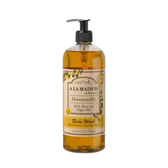 A LA MAISON Honeysuckle bottle closeup showing hydrating lather potential from plant oils.
