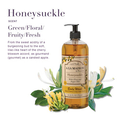 A LA MAISON Honeysuckle label detail highlighting French craftsmanship and clean ingredients.