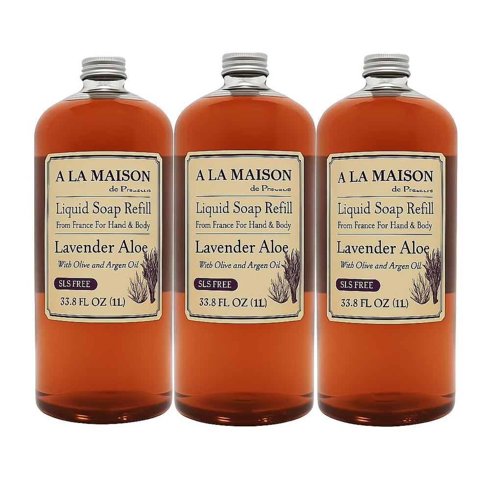 A La Maison Lavender Aloe liquid soap refill bottle provides gentle cleansing and soft skin.