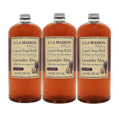 A La Maison Lavender Aloe liquid soap refill bottle provides gentle cleansing and soft skin.