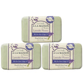 A LA MAISON Lavender Flower Bar Soap pack showing three milled bars for long lasting cleansing