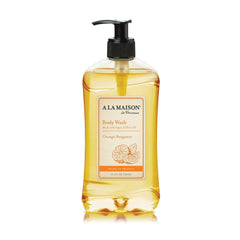 A LA MAISON Orange Bergamot Body Wash bottle front—refreshing citrus scent for a bright start.