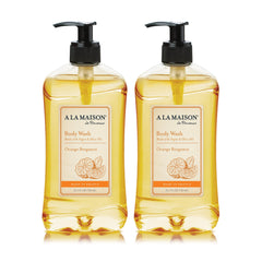 A La Maison Orange Bergamot Body Wash bottle highlights a citrus aroma for a refreshing cleanse.