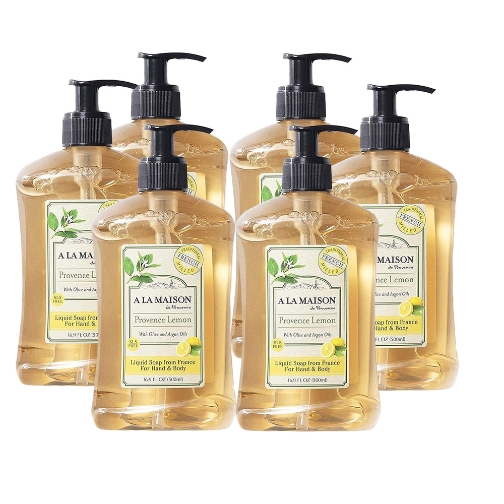 A LA MAISON Provence Lemon hand soap bottle pour delivers a rich, gentle lather for daily hands.