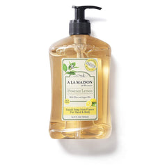 A LA MAISON Provence Lemon hand soap bottle displaying a natural cleansing formula for skin care.