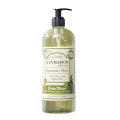 A LA MAISON Rosemary Mint Body Wash bottle shows craftsmanship and eco-friendly packaging for daily refresh.