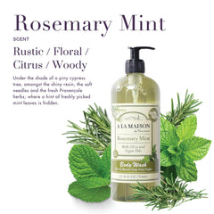 A LA MAISON Rosemary Mint Body Wash pump demonstrates convenient dispensing and vegan formula gentle on skin.
