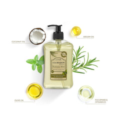 A LA MAISON Rosemary Mint liquid soap pour showing a smooth, refreshing lather.