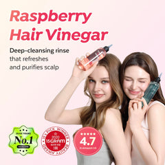Pouring A'PIEU Raspberry Hair Vinegar rinse for easy post-shampoo application