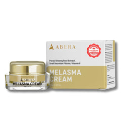 ABERA Melasma Cream — bouteille et avant/après, soin ciblé des taches.