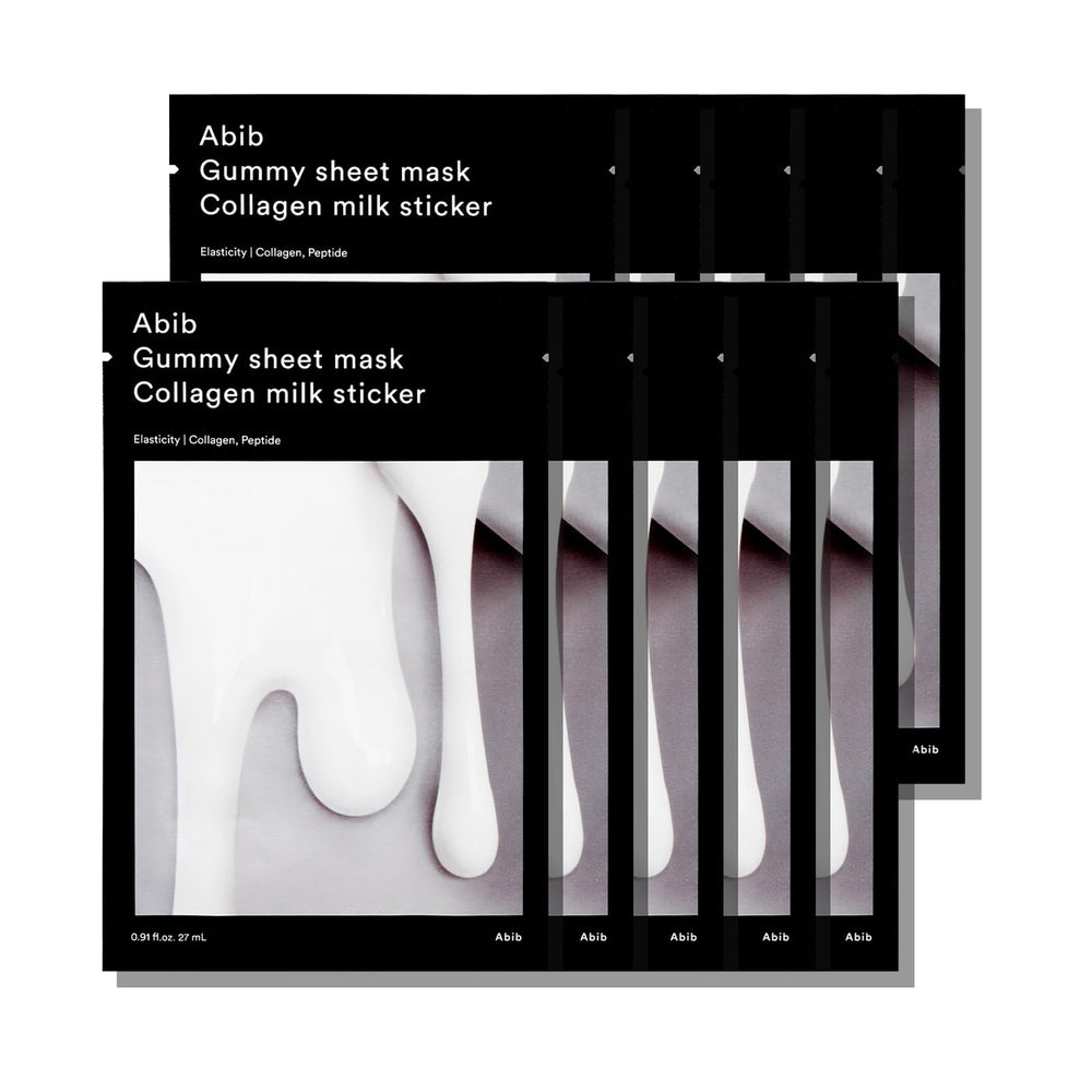 Abib Gummy Sheet Mask Milk Sticker packaging shows clean K-Beauty branding and gentle skincare.