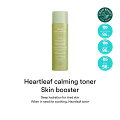 Abib Heartleaf Toner back label highlighting a gentle, irritated skin friendly formula