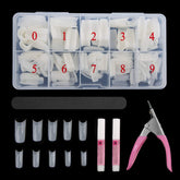 Abodhu nail tips box front shows organized 500-piece kit for precise sizing