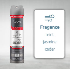 ABOVE Shiny Silver spray bottle close-up highlights instant dryness and quick reapplication.