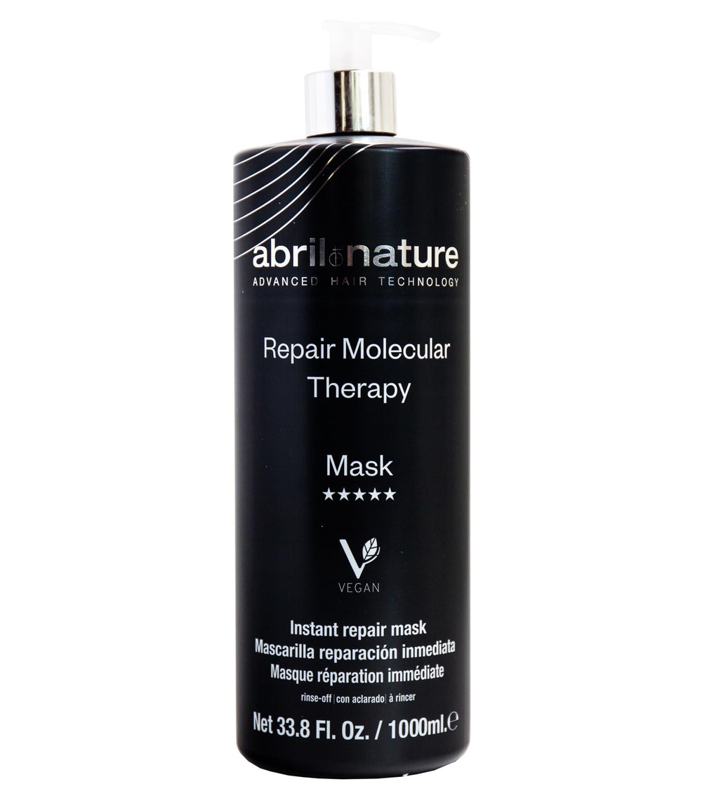 abril et nature Molecular Therapy bottle shows vegan hair repair for damaged strands.