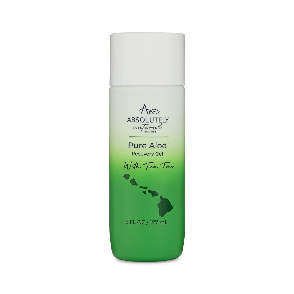 Absolutely Natural Aloe Vera Gel bottle pour showing cooling relief after sun exposure.