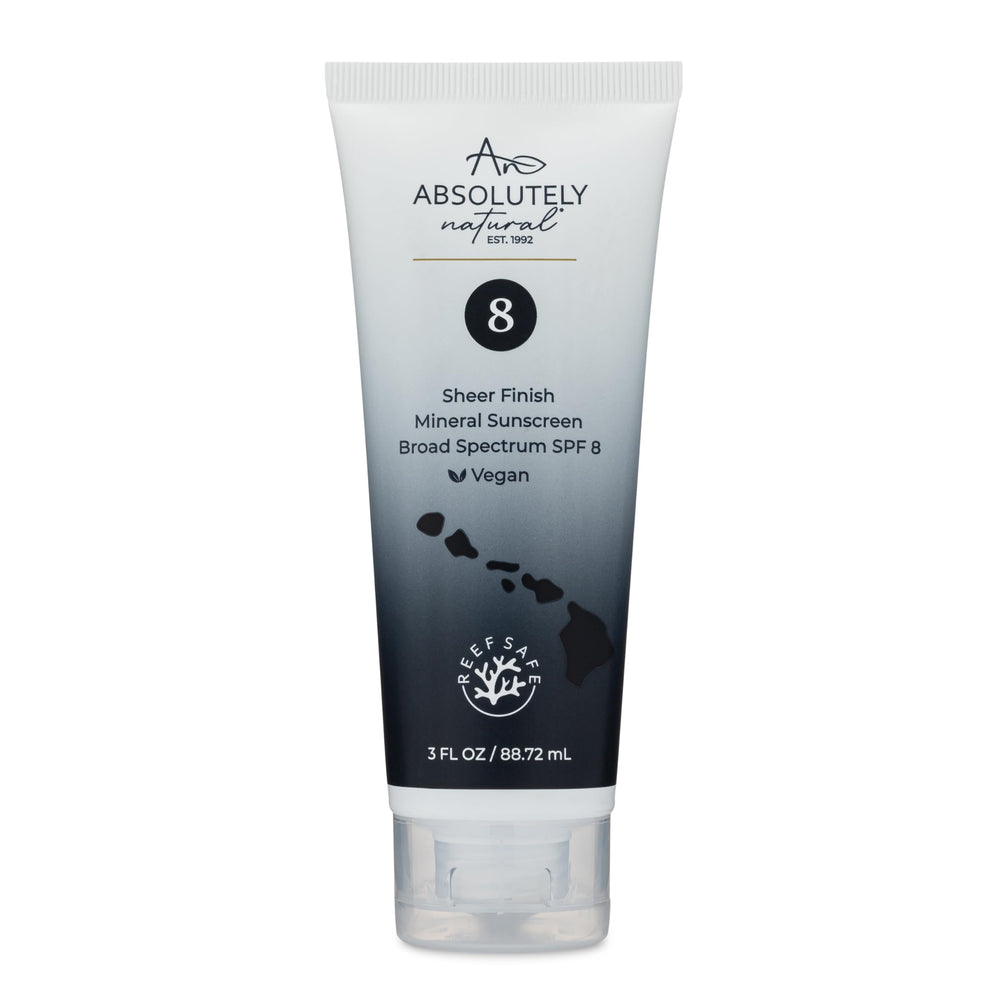 Absolutely Natural SPF 8 sunscreen bottle with light, non-greasy finish.