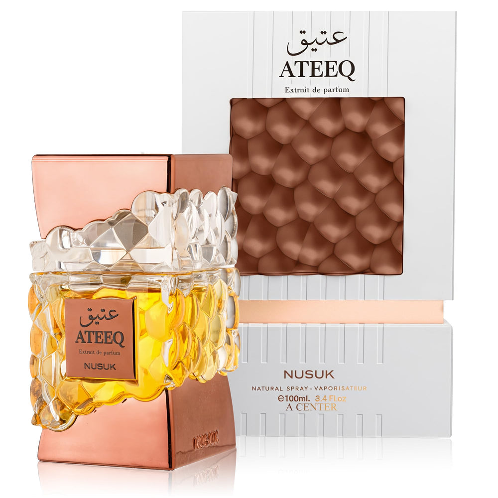 A CENTER Ateeq bottle closeup highlighting citrus and spice notes for day-to-night wear.