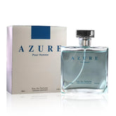 A CENTER Azure Pour Homme bottle close-up highlighting vibrant freshness for daily wear.