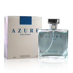 A CENTER Azure Pour Homme bottle close-up highlighting vibrant freshness for daily wear.