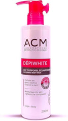 ACM Depiwhite body milk bottle ready to hydrate skin.