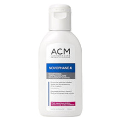 ACM Novophane K anti-dandruff shampoo bottle promotes scalp balance and comfort.