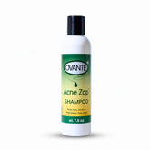 Acne Zap shampoo bottle on counter shows gentle scalp care for everyday use.
