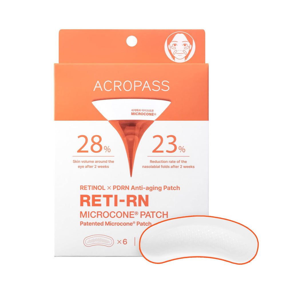 Acropass RETI-RN microcone patch packaging shown for discreet, at-home anti-wrinkle care