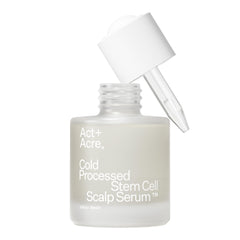 ACT+ACRE cold processed stem cell serum bottle highlights premium scalp care for fuller-looking hair.