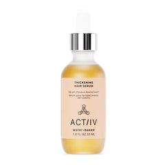 ACTIIV Thickening Hair Serum bottle highlights lightweight, non-greasy formula for fuller-looking hair.