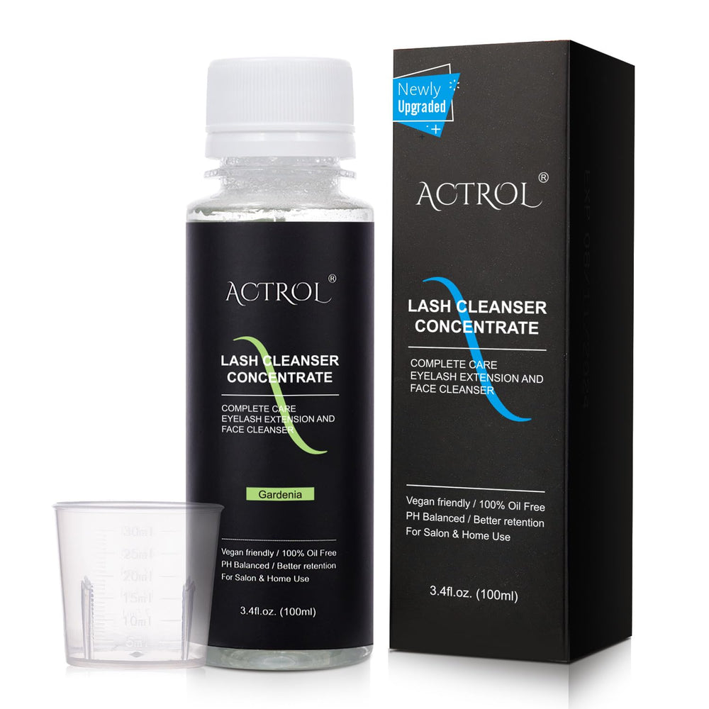 ACTROL eyelash cleanser bottle close-up showing foaming lather for lash care